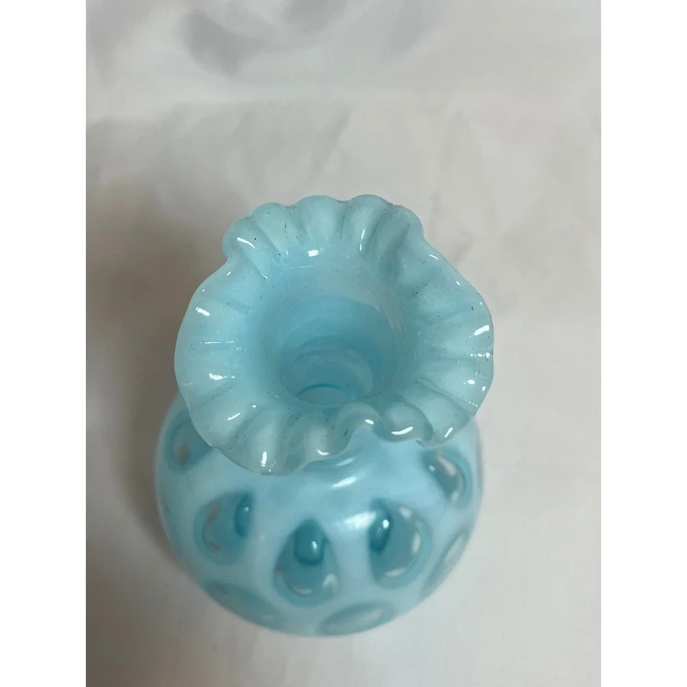 Vintage Blue Opalescent Glass Thumbprint Ruffled Rim Bud Vase Coin Dot 4.5 inch